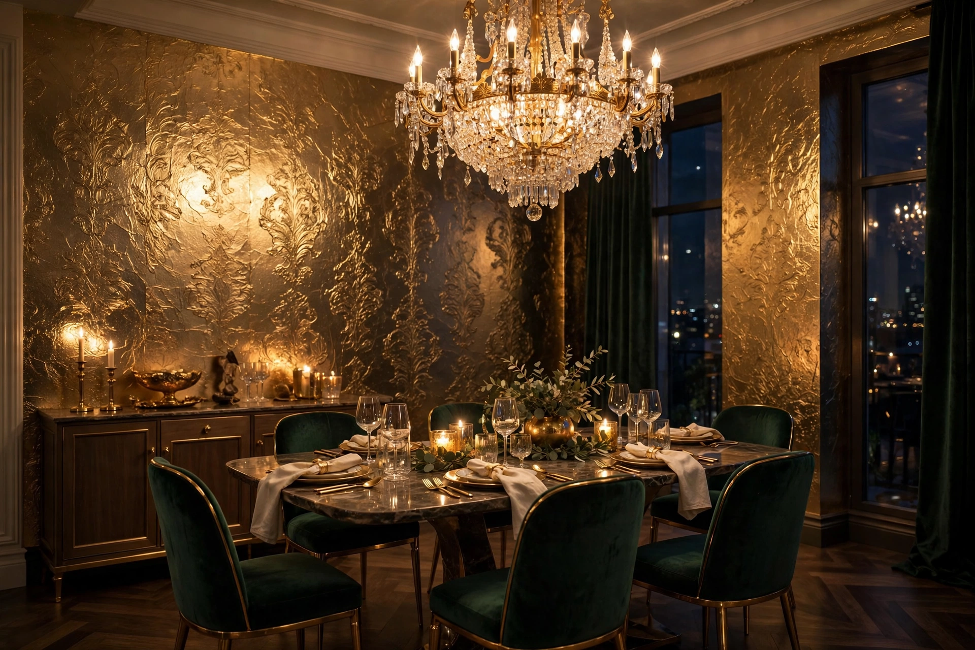 Glamorous Dining Room With Metallic Gold Wallpaper