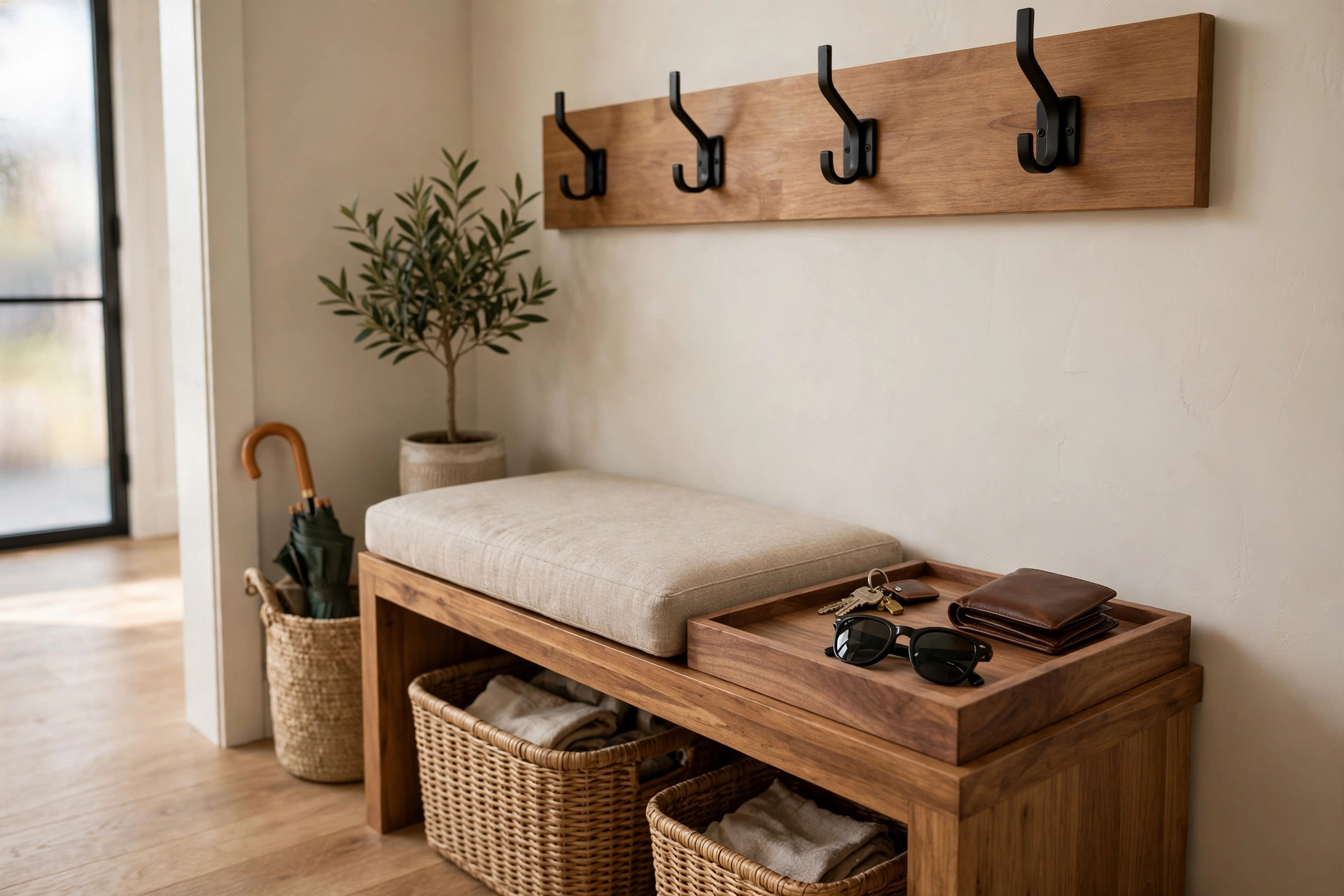 Wooden Tray With Keys On Entryway Bench
