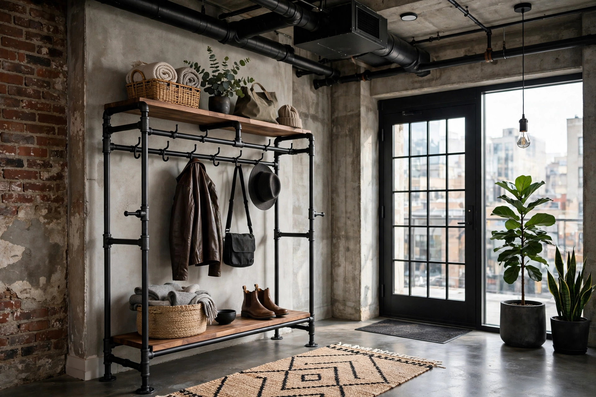 Industrial Black Pipe Coat Rack In Modern Entry