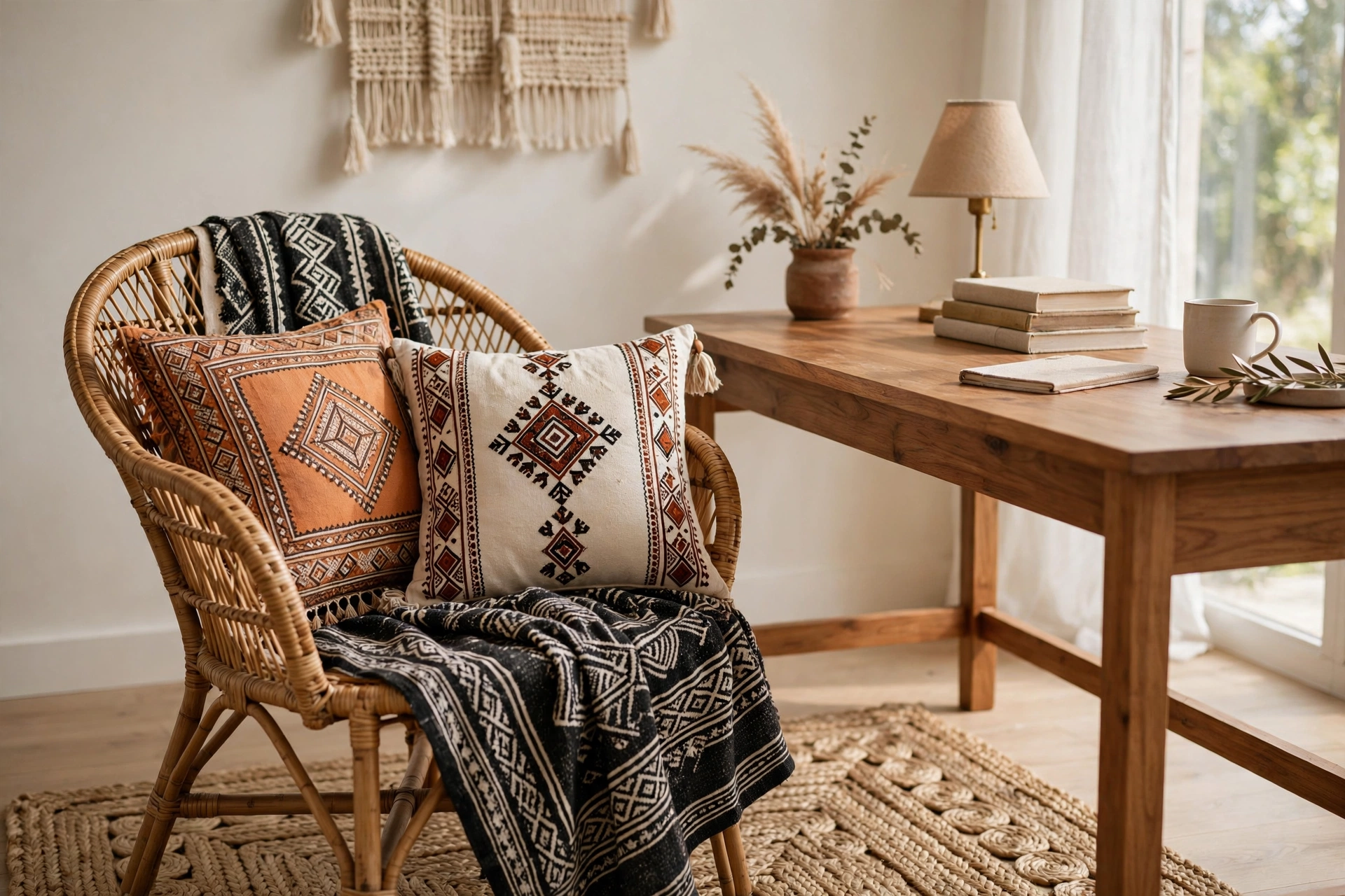 Rattan chair with mudcloth throw and Moroccan pillows in a boho home office