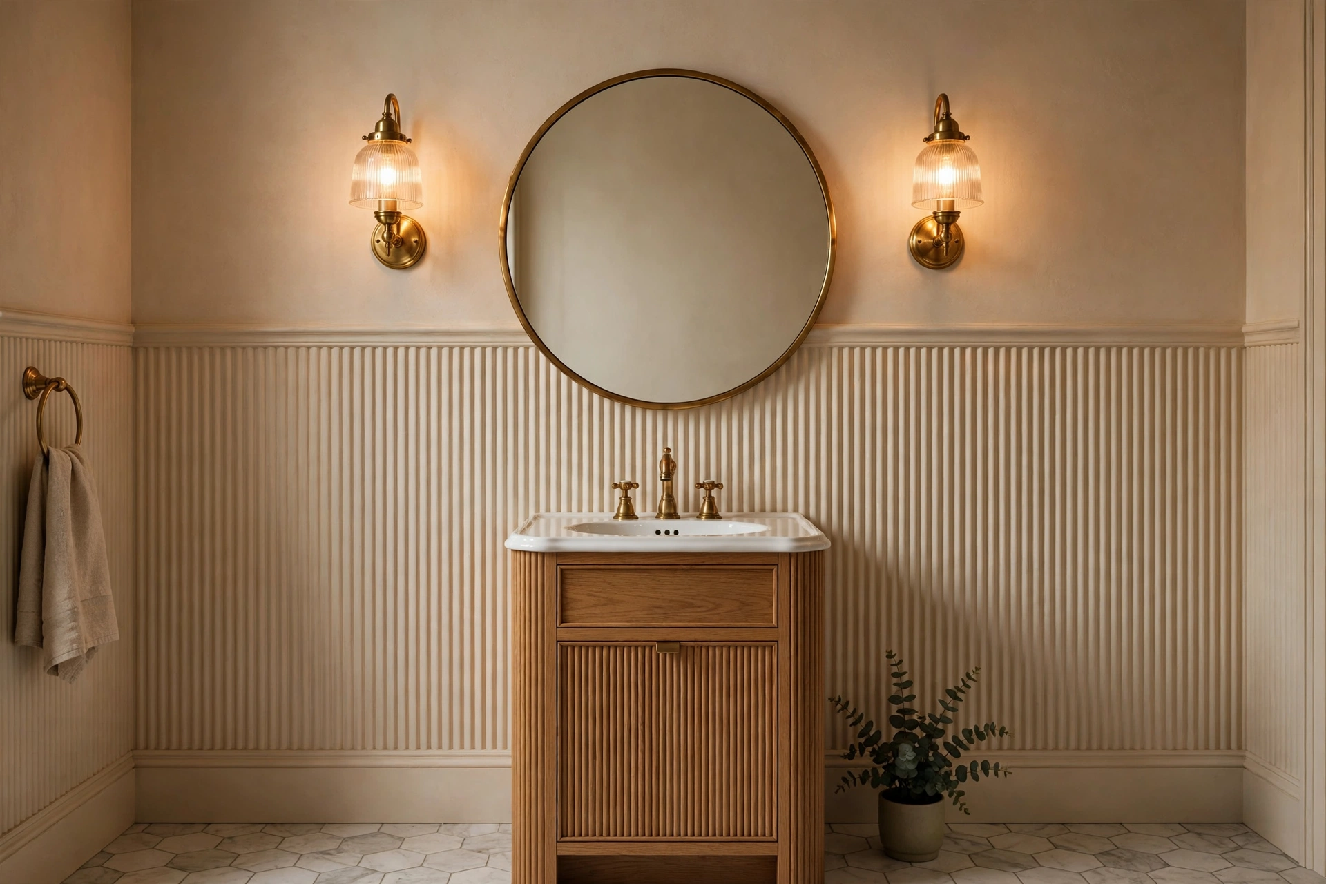 Half Bathroom With Elegant Wall Sconces Beside Mirror