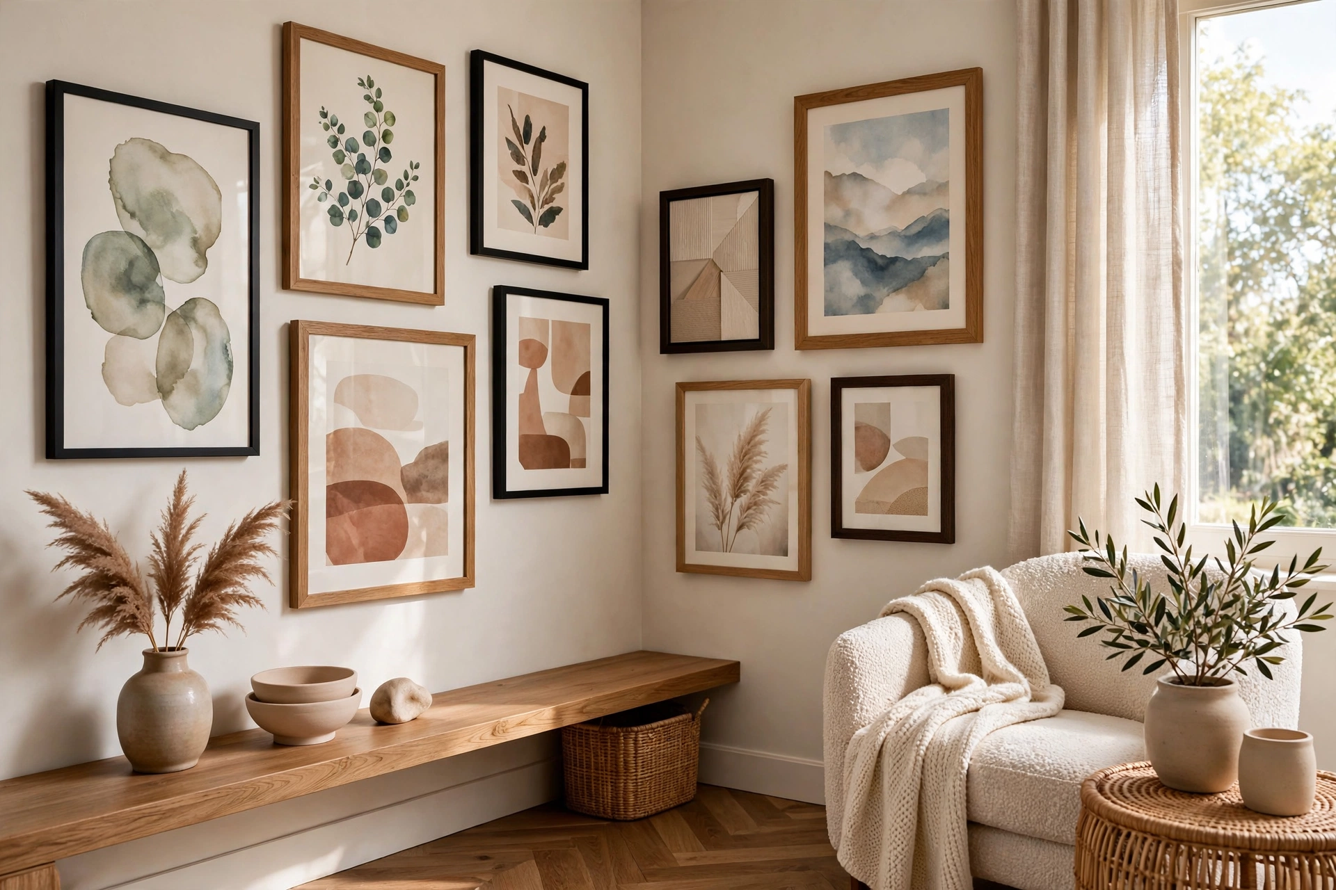 Gallery Wall Wrapping Around A Living Room Corner
