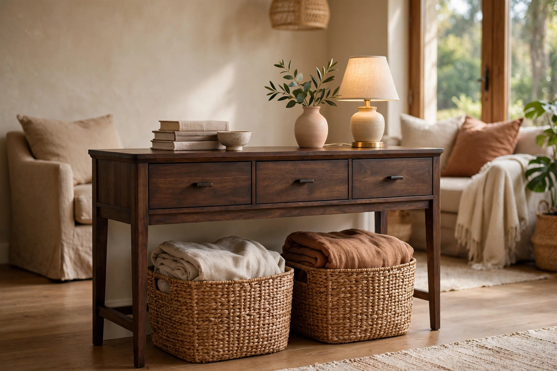 Woven Storage Baskets Tucked Beneath A Console Table