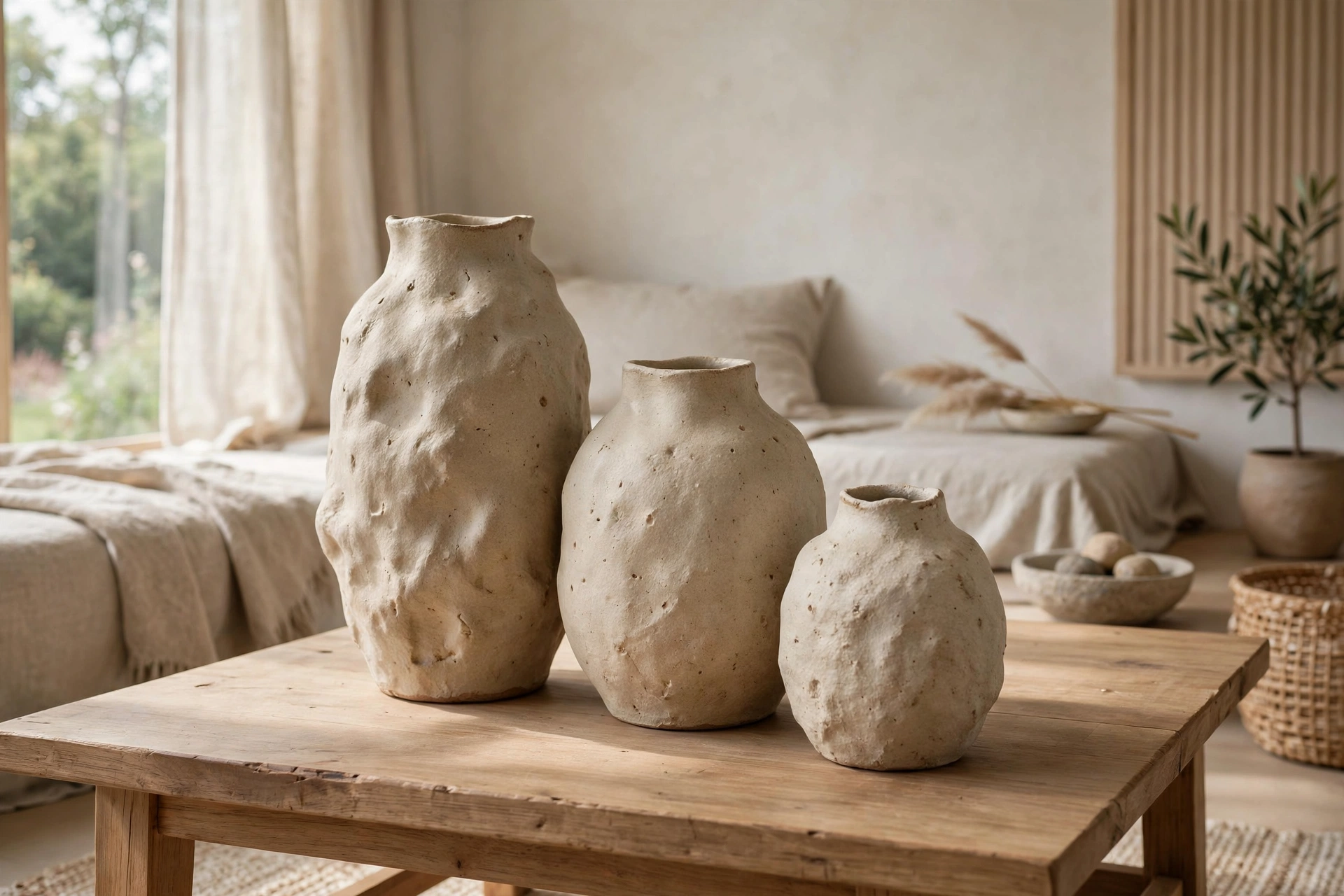 Handmade wabi-sabi ceramic vases in earthy tones on wooden coffee table