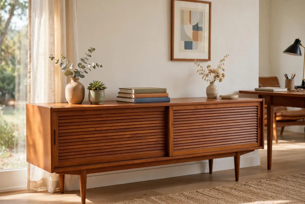 Danish teak sideboard with sliding doors and tapered legs styled with books and vase