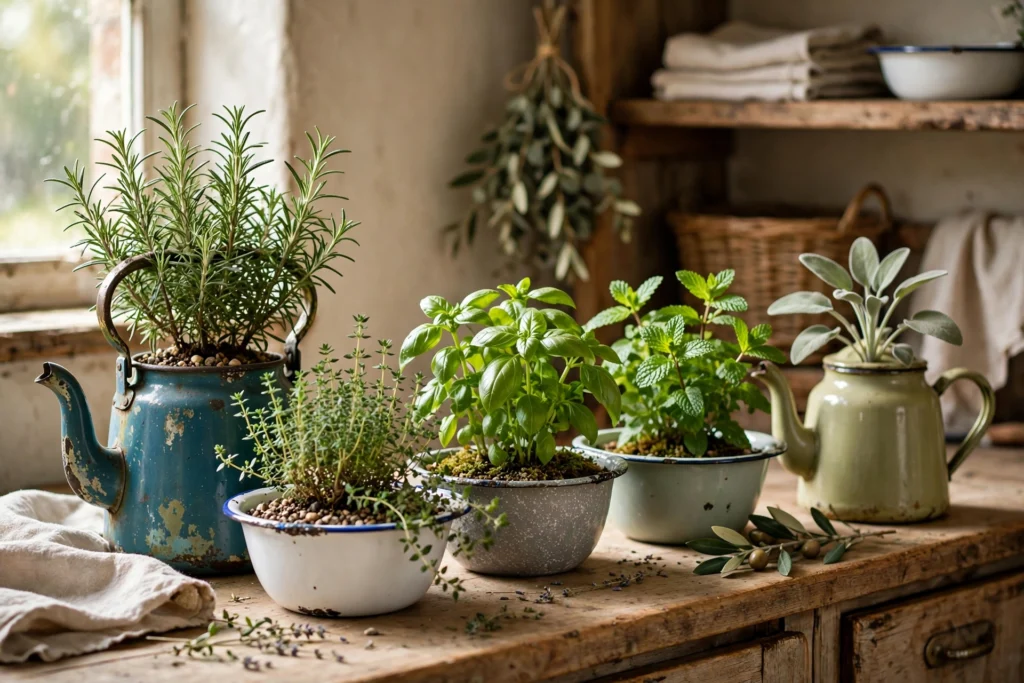 Herbs planted in vintage teapots and enamel bowls in a rustic kitchen