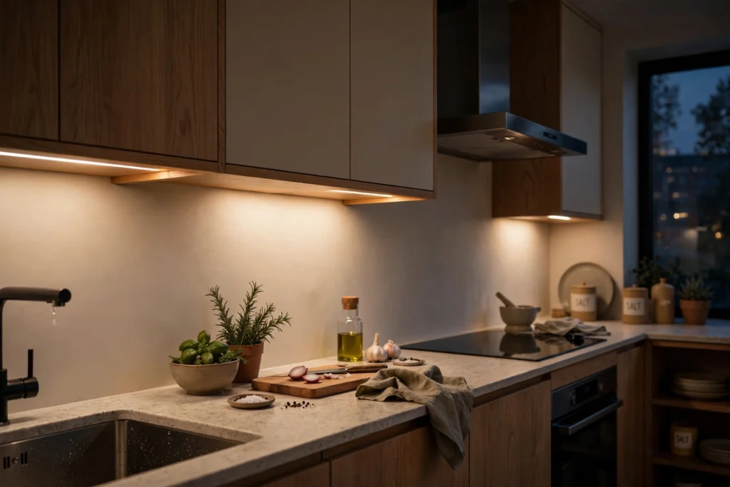 Dimmed under cabinet lights setting a soft evening mood in a kitchen