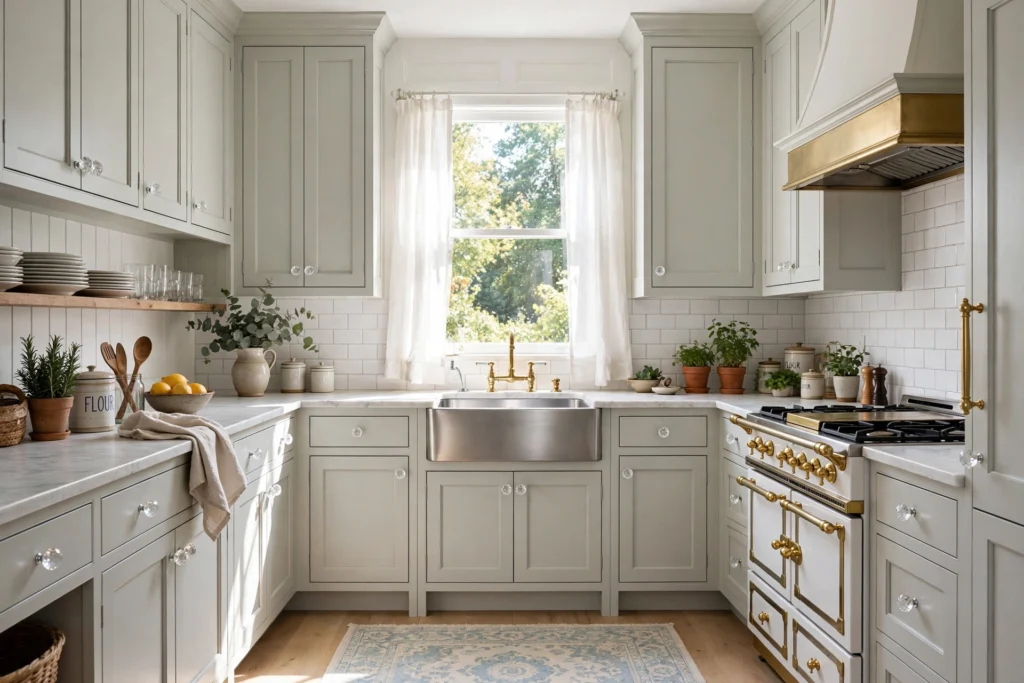 Sparkling crystal knobs on pale gray kitchen cabinets in a bright traditional kitchen