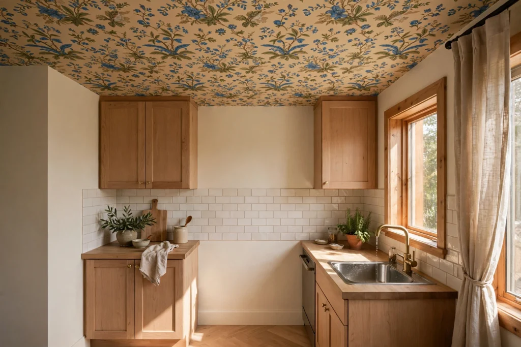 Patterned wallpaper ceiling creating a statement in a small kitchen