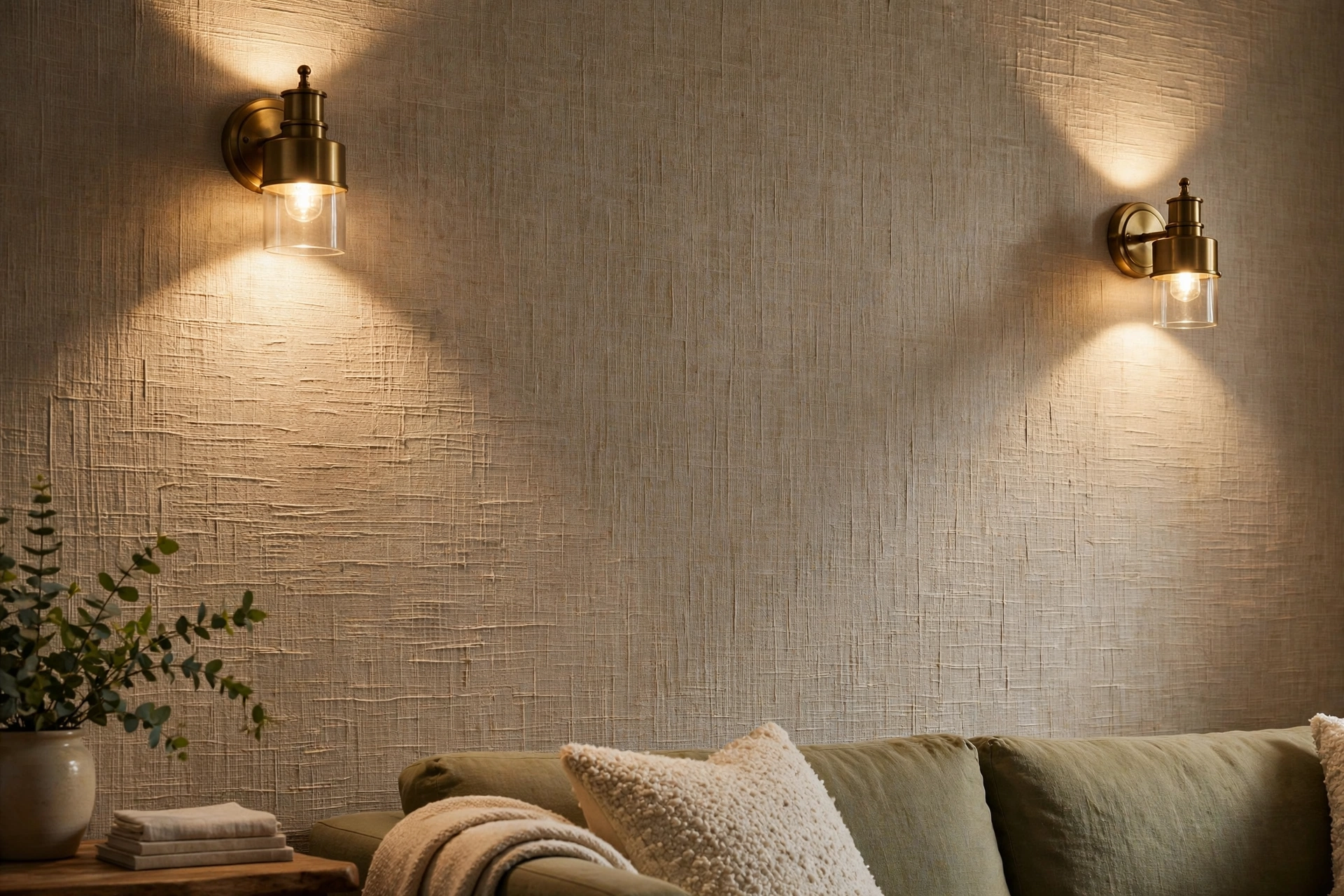 Wall sconces grazing light across textured living room wallpaper