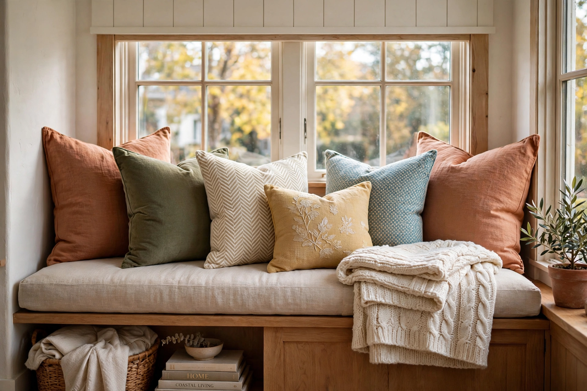 Cozy window seat styled with layered throw pillows and a folded knit throw