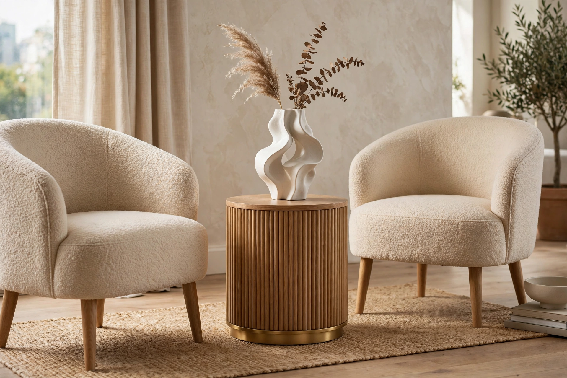 Fluted drum side table between two accent chairs with a sculptural vase