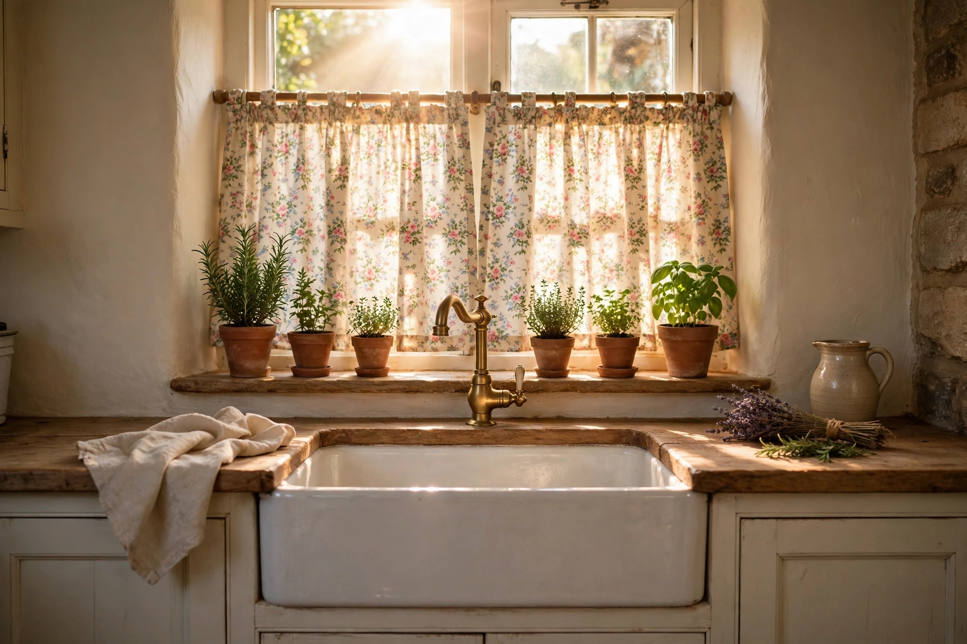 Ditsy floral cafe curtains on a cottage kitchen window above the sink