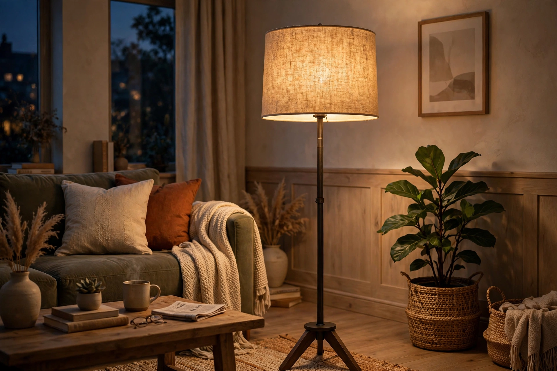 Linen shade floor lamp glowing warmly in an evening living room