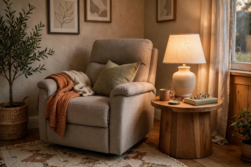 Recliner paired with a round side table and lamp in a cozy living room corner