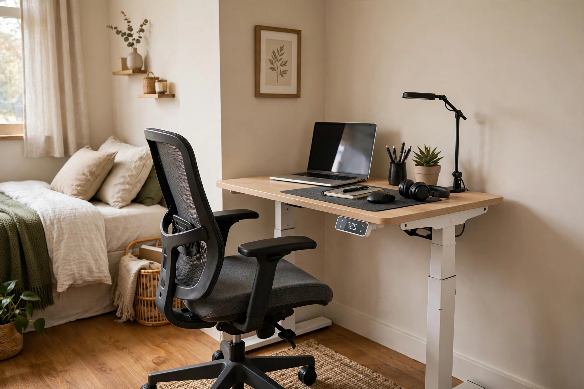 Compact height-adjustable sit-stand desk in a bedroom corner with ergonomic chair