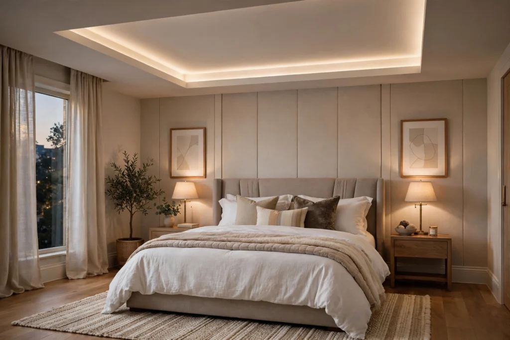 Elegant bedroom with a recessed tray ceiling centered above the bed and soft cove lighting