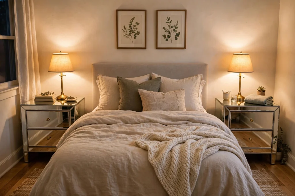 Bedroom with two mirrored nightstands flanking the bed, reflecting lamplight and bedding in a small room