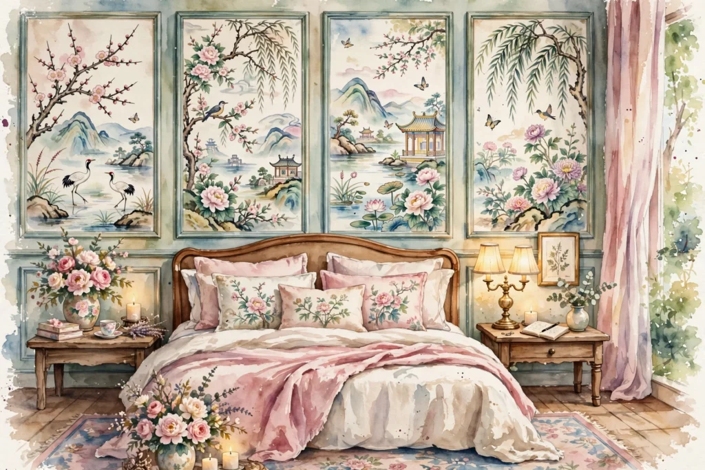 Romantic bedroom with hand-painted style chinoiserie wallpaper panels