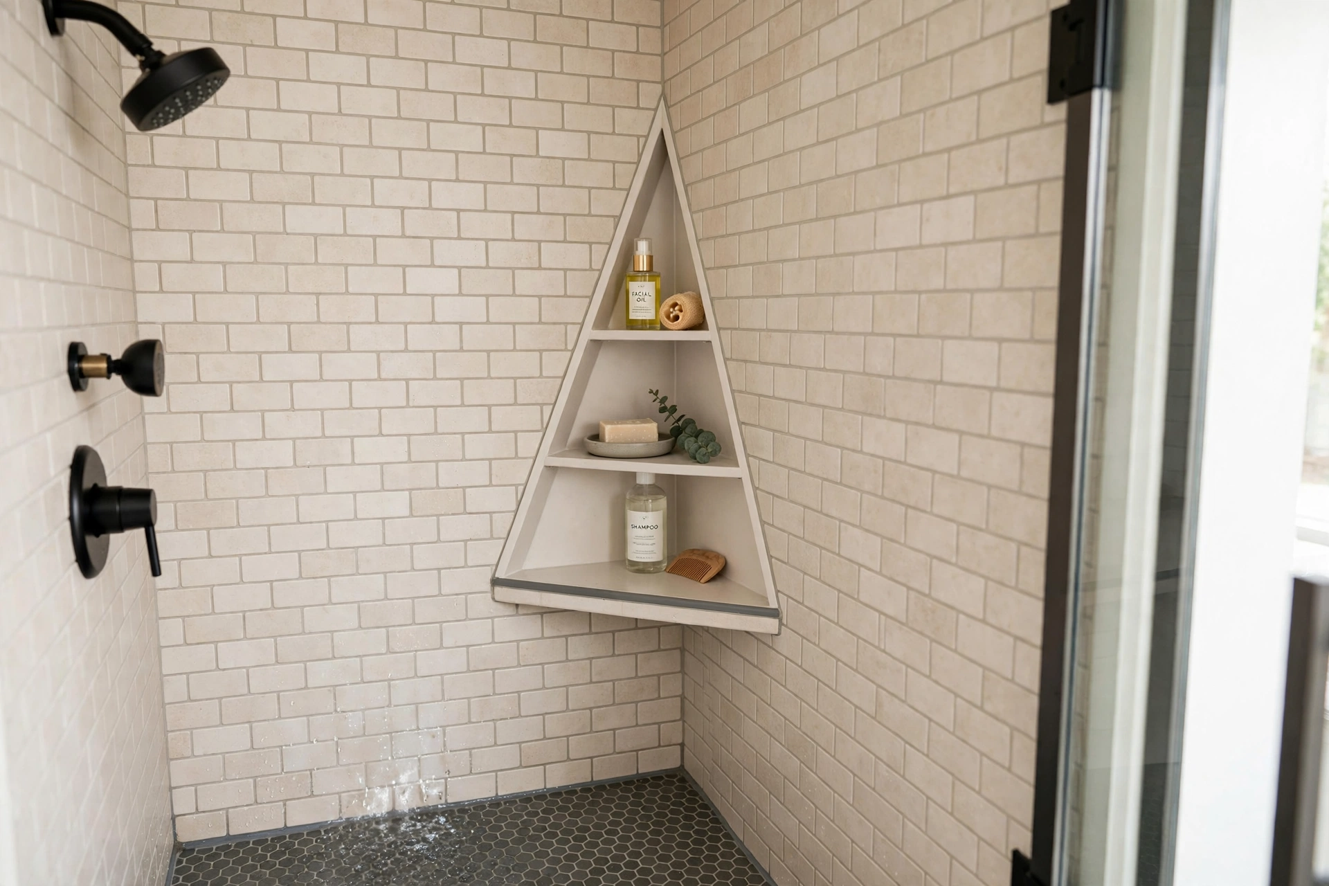 Triangular corner shower niche tucked into a compact shower corner