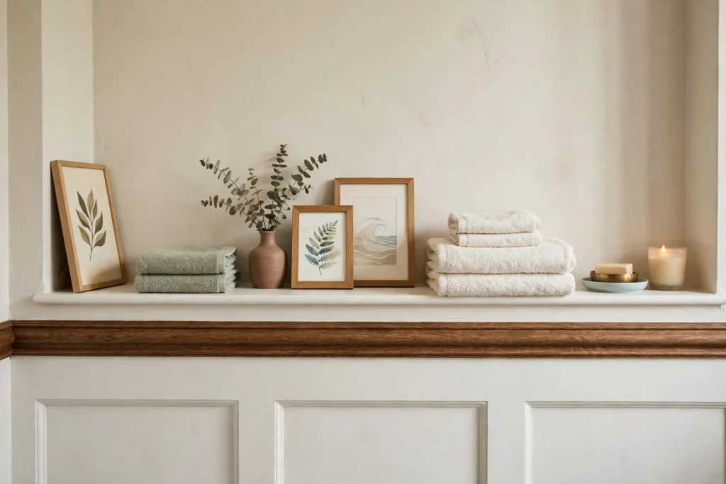 Bathroom chair rail ledge styled with small art and folded towels