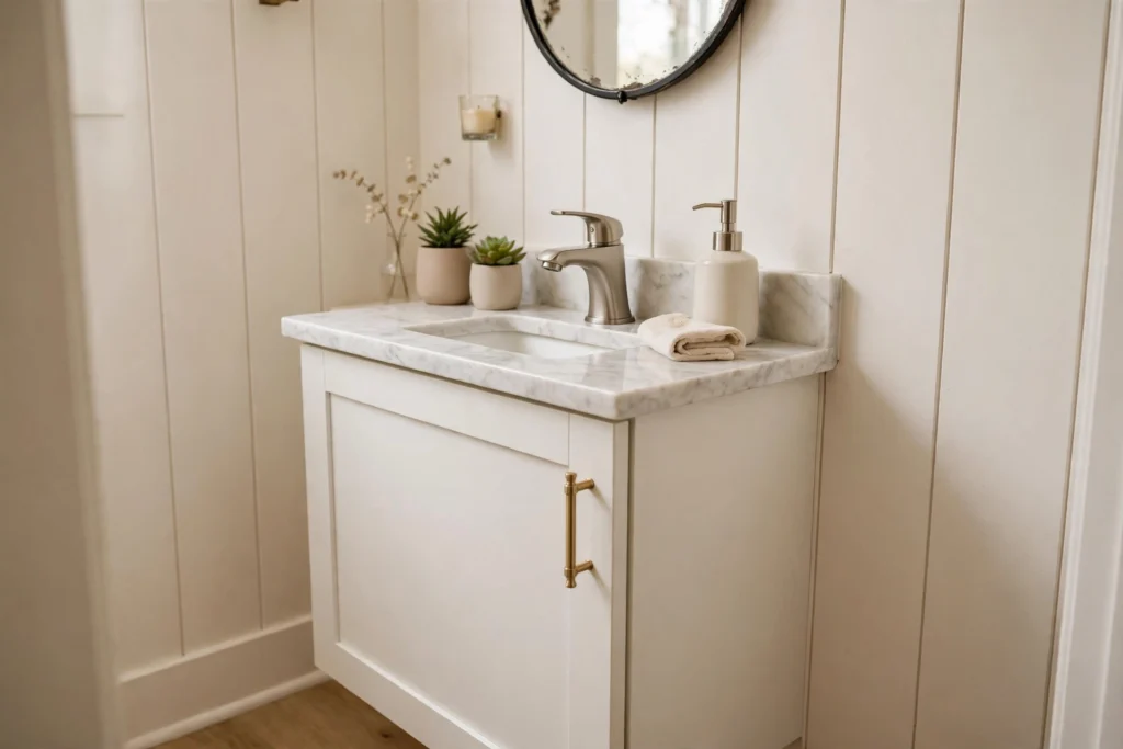 Compact single hole faucet on a small powder room vanity