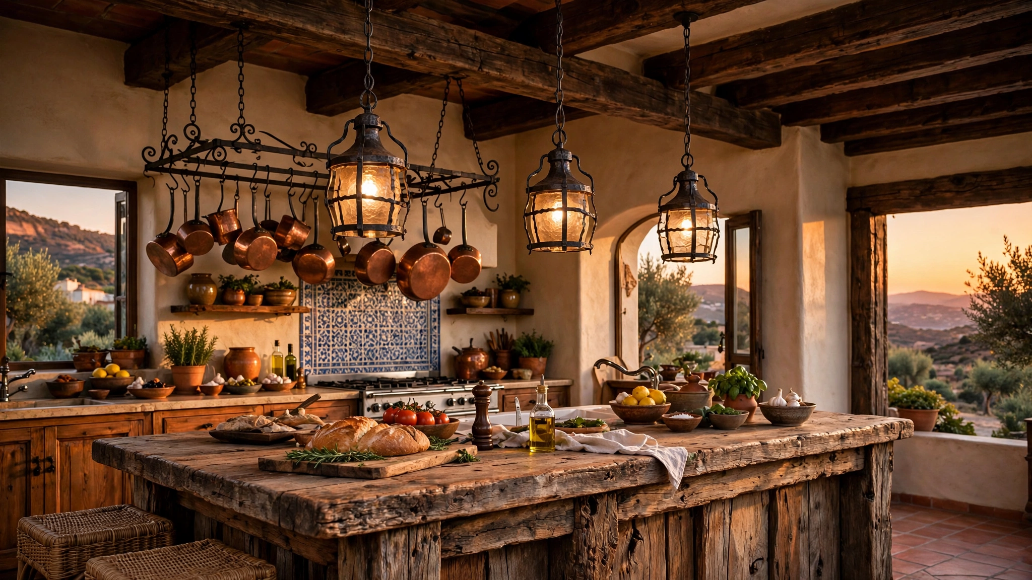 Wrought iron pendant lights and pot rack in a warm Mediterranean kitchen
