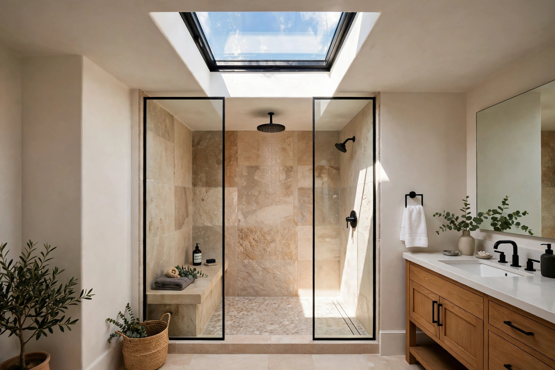 Skylight positioned directly over a walk in shower in a modern bathroom