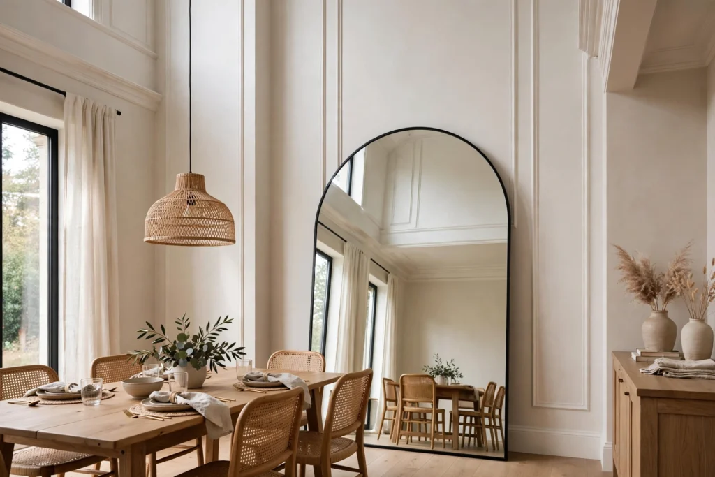 Arched floor mirror making a dining room ceiling feel taller