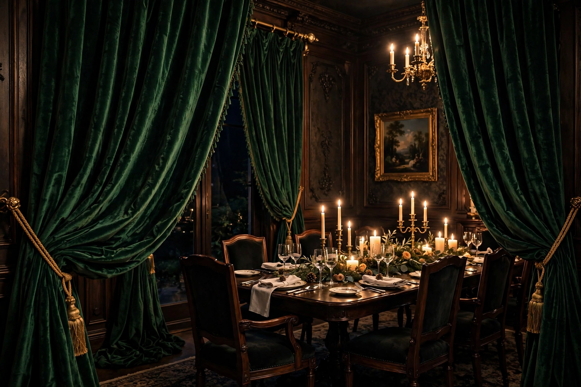 Dramatic emerald velvet curtains in a formal candlelit dining room