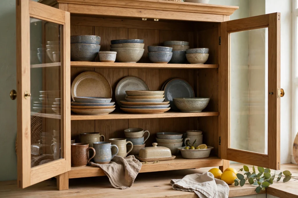 China cabinet displaying beautiful everyday stoneware dishes within easy reach
