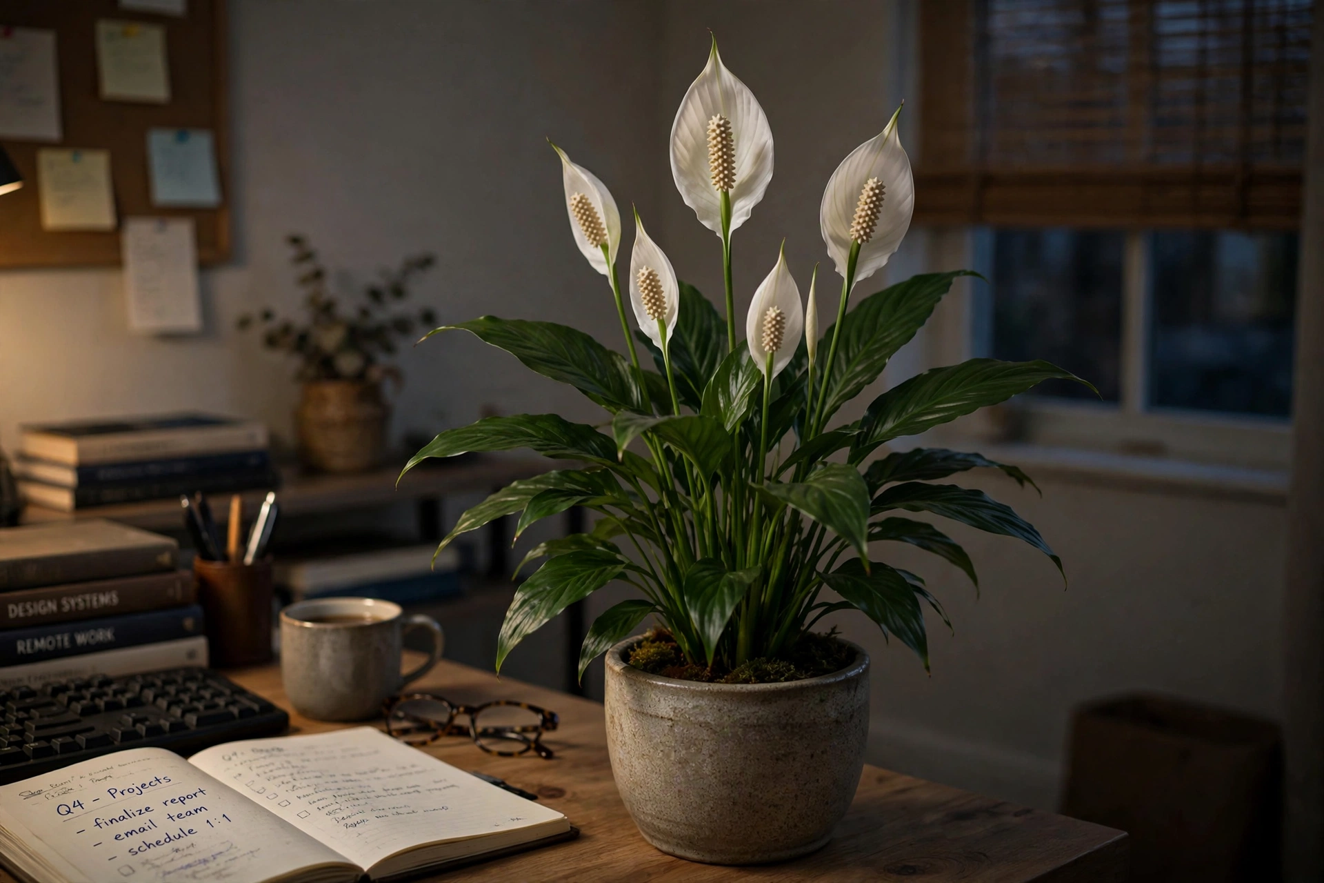 Peace lily with white blooms in a low-light home office