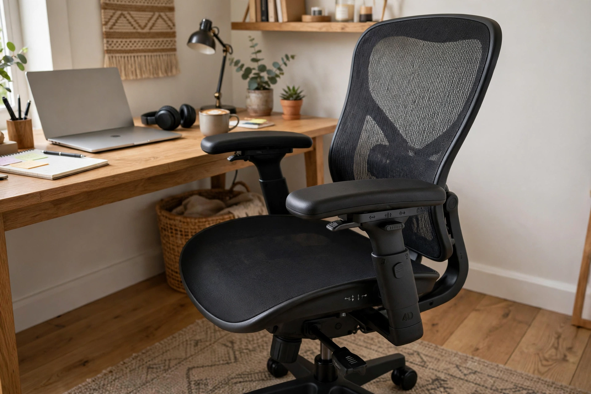 Desk chair with adjustable 4D armrests in a home workspace