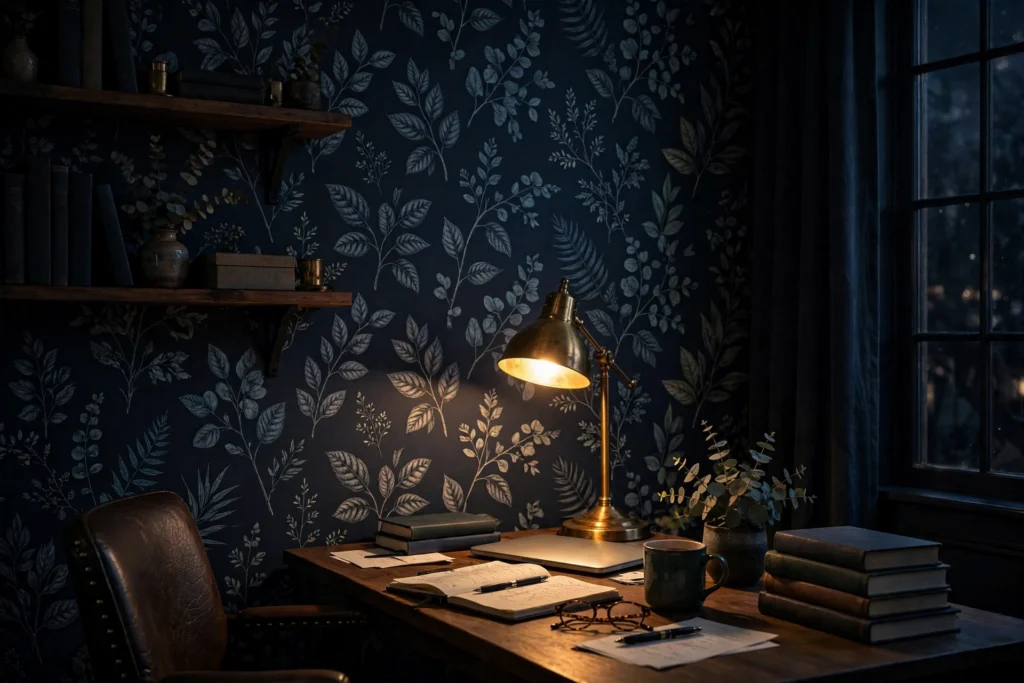 Dark navy botanical wallpaper in a moody home office with a warm desk lamp
