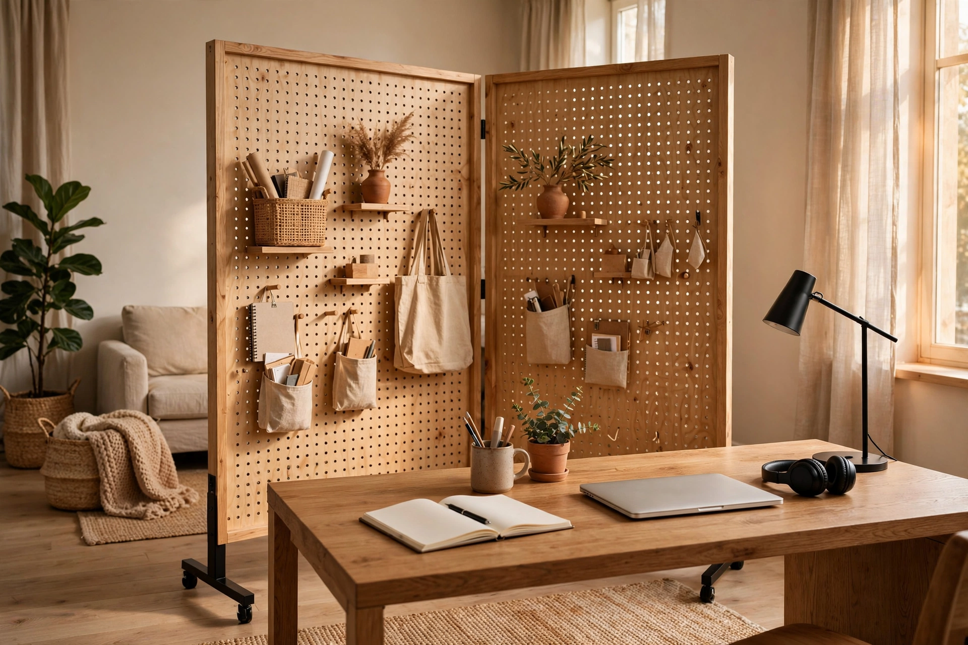 Freestanding double-sided pegboard room divider behind a desk separating a home office corner