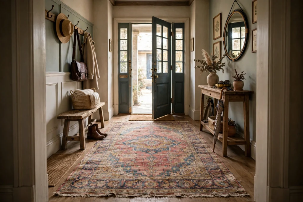 Faded vintage Persian rug as the focal point of an entryway