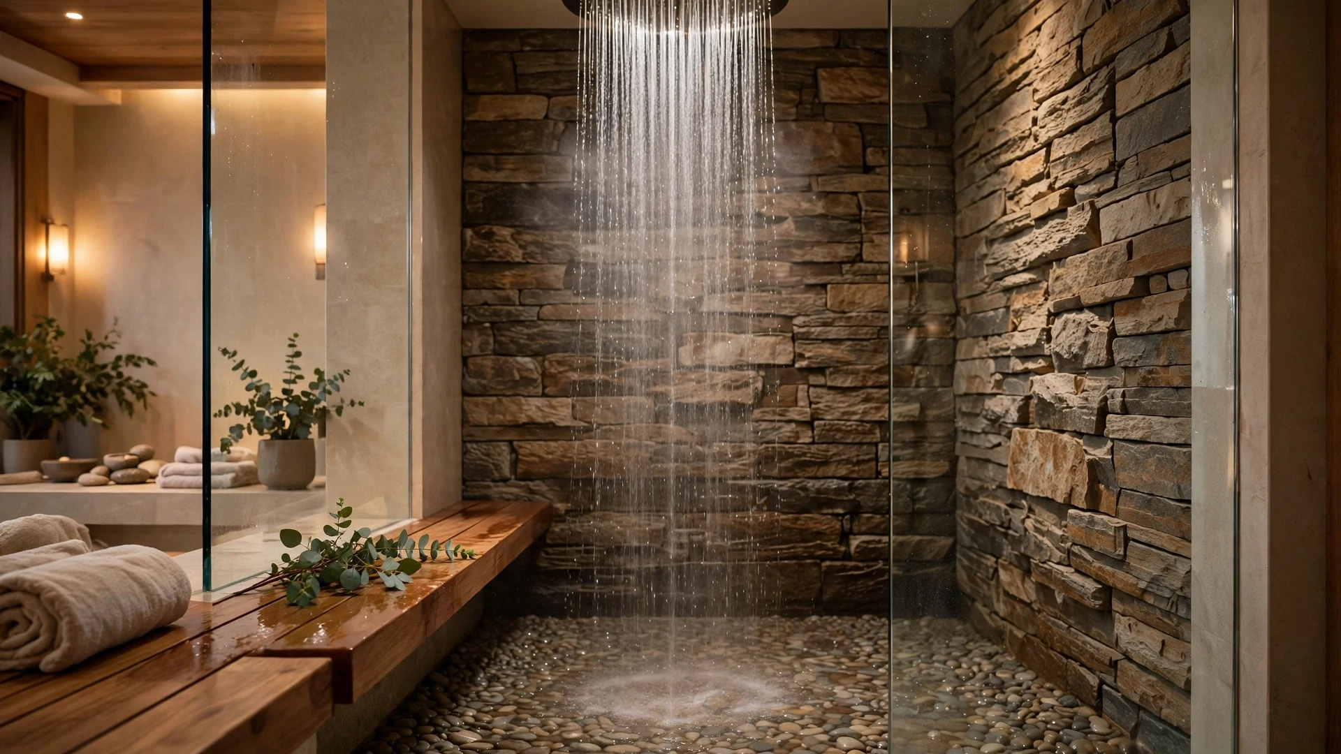 Walk-in rainfall shower with stone walls in a luxury spa bathroom