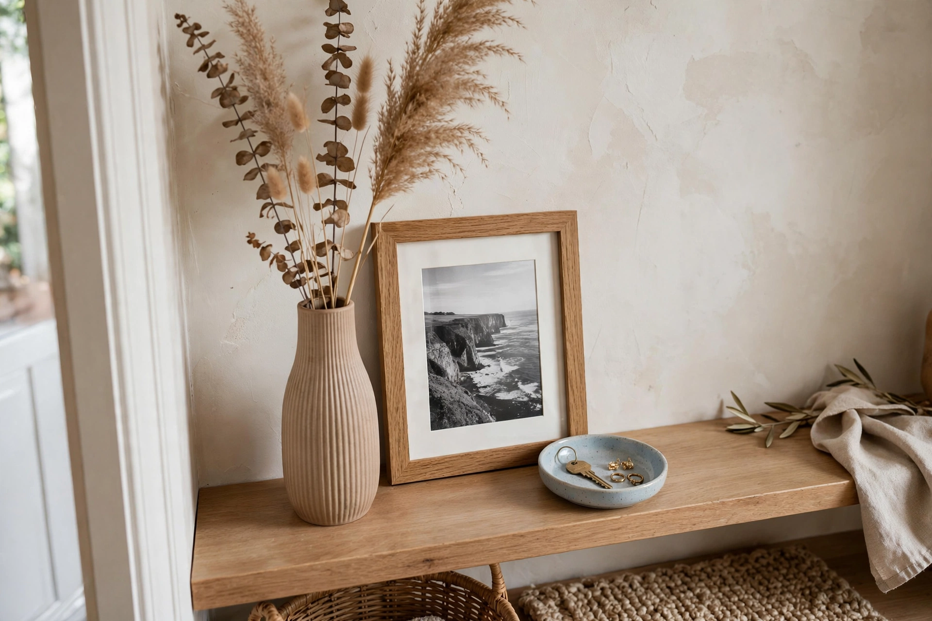 Entryway shelf vignette with a tall vase, medium framed photo, and short catch-all dish grouped together