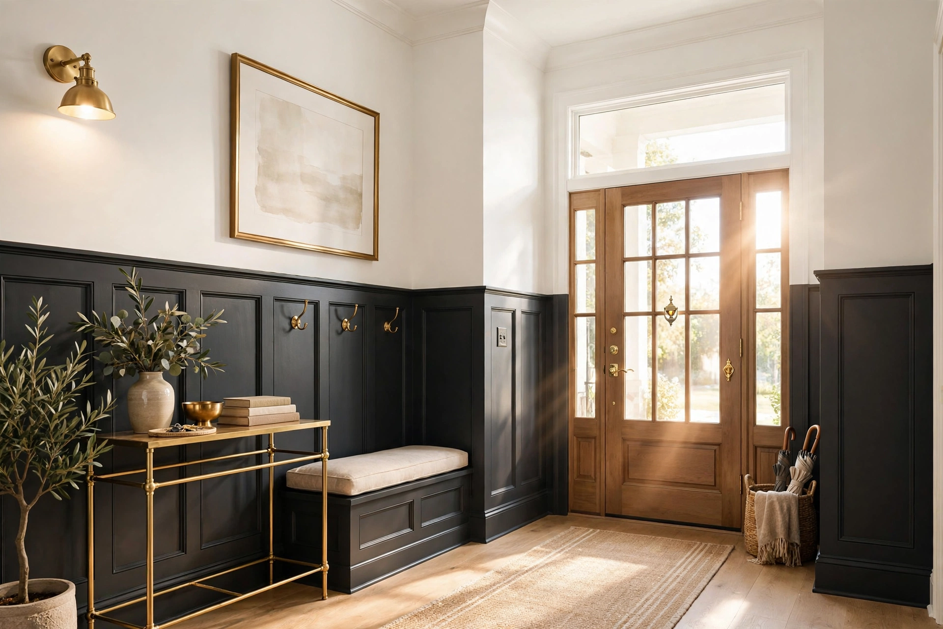 Moody dark charcoal wainscoting in an entryway with brass accents and bright upper walls
