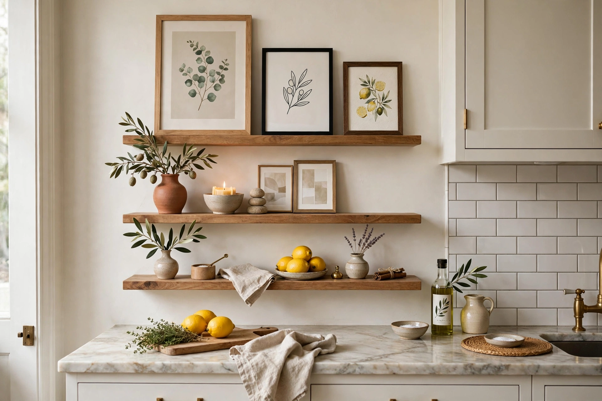 Layered picture ledges with framed art and small decor in a kitchen