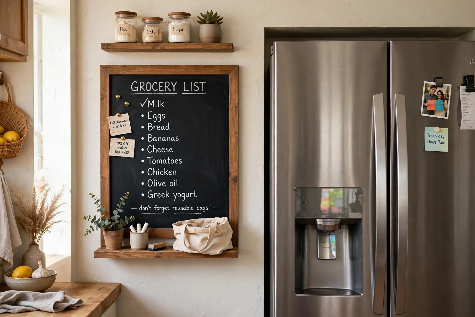 Chalkboard grocery list station mounted beside a refrigerator