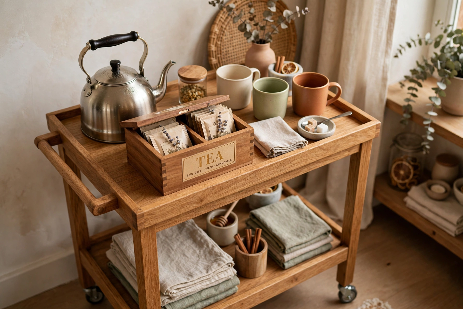 Charming tea station cart with kettle tea box and mugs