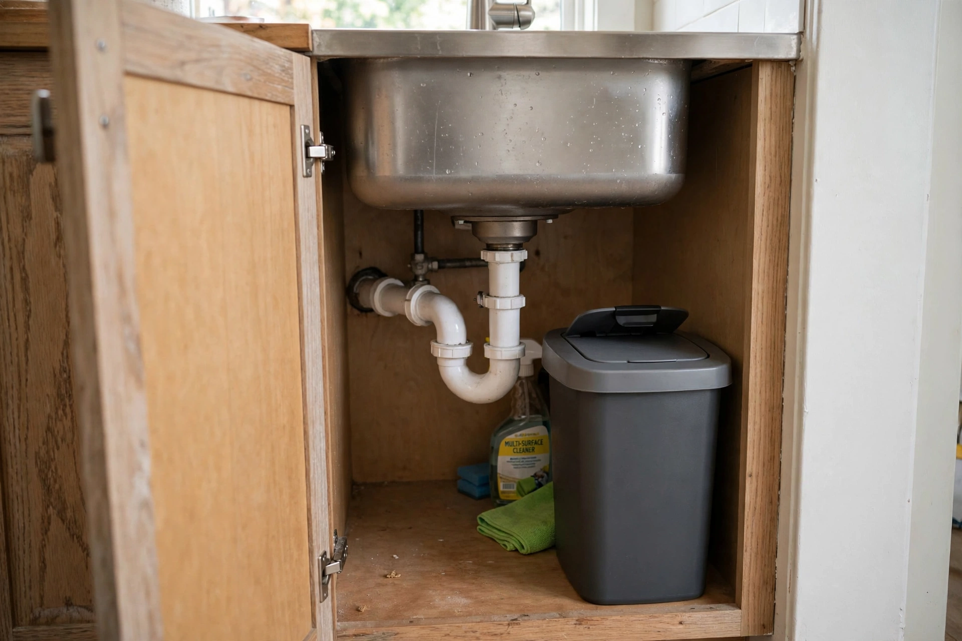 Compact lidded trash bin tucked under a kitchen sink beside plumbing