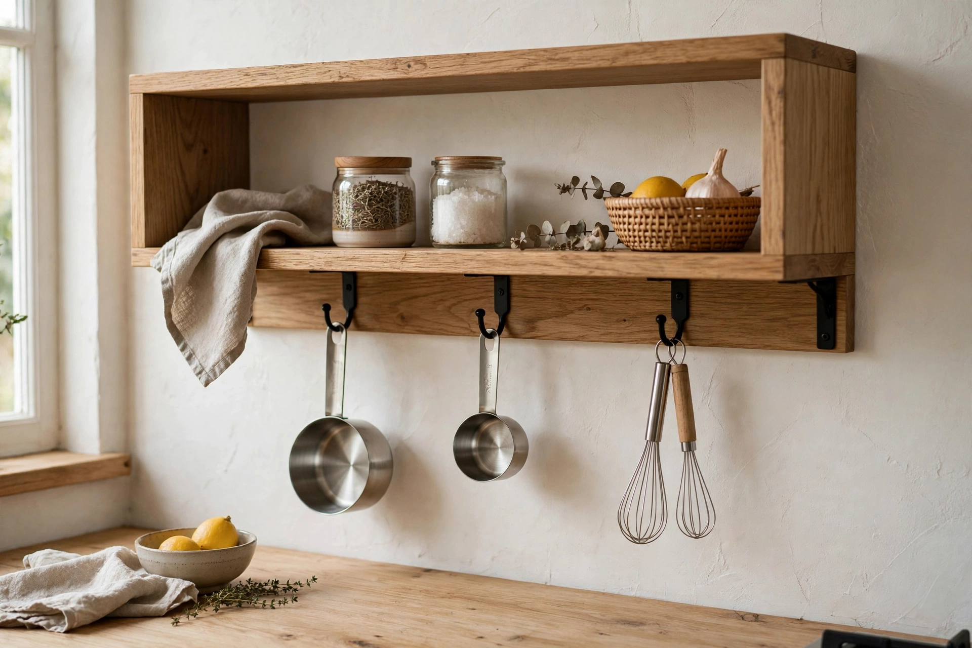 Cup hooks under an open shelf holding measuring cups and small whisks