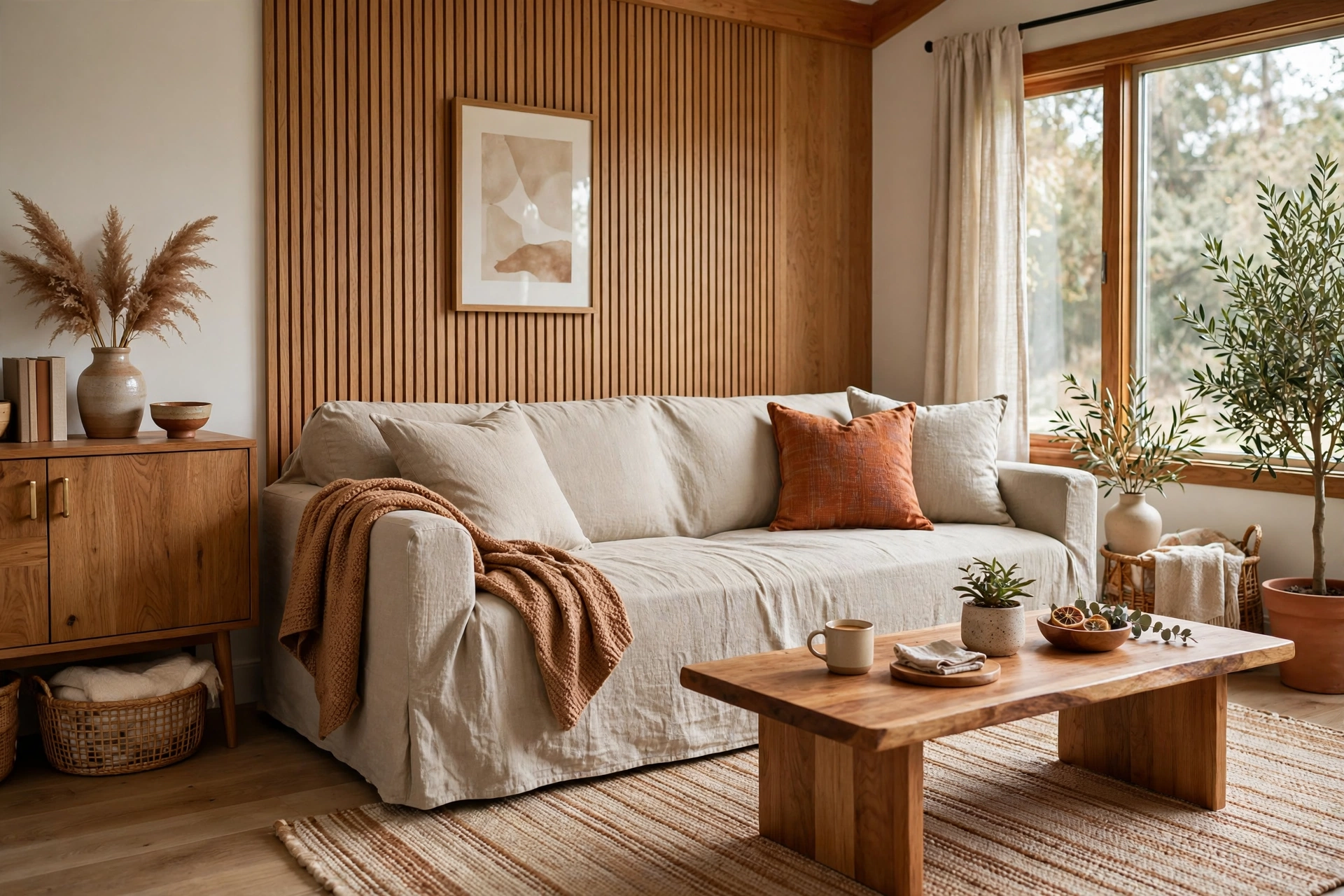Oatmeal colored slipcover sofa with warm wood tones in a living room