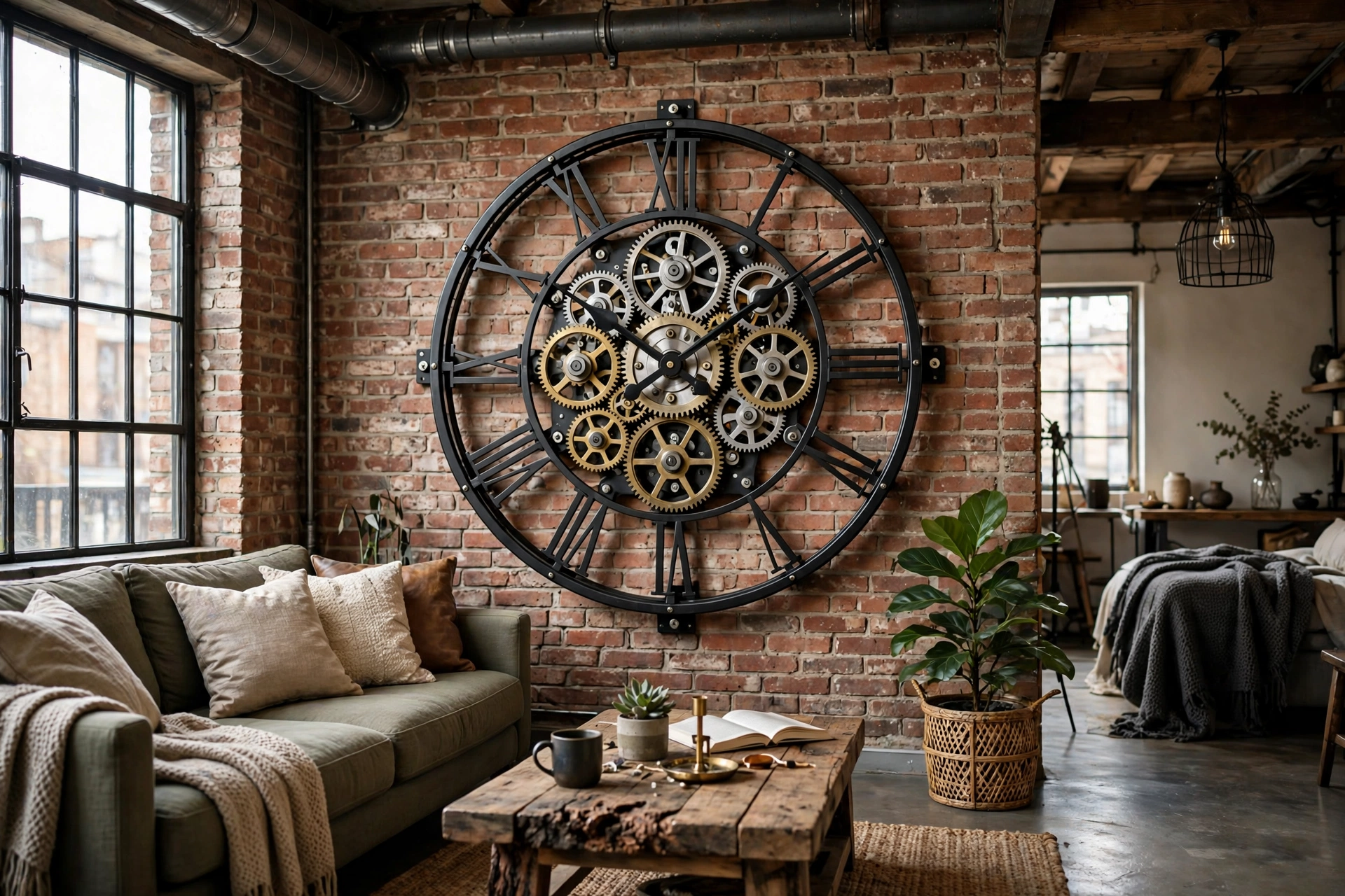 Industrial wall clock with visible exposed gears in a loft living room