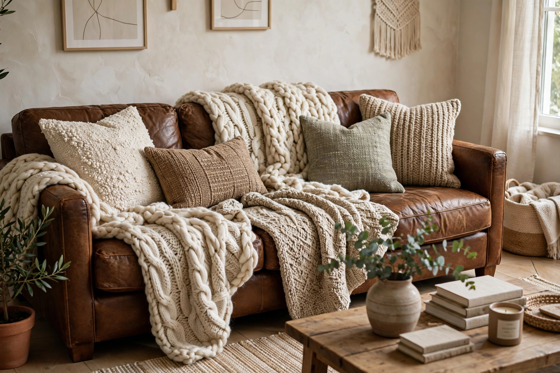 Leather sofa layered with chunky wool throws and textured pillows