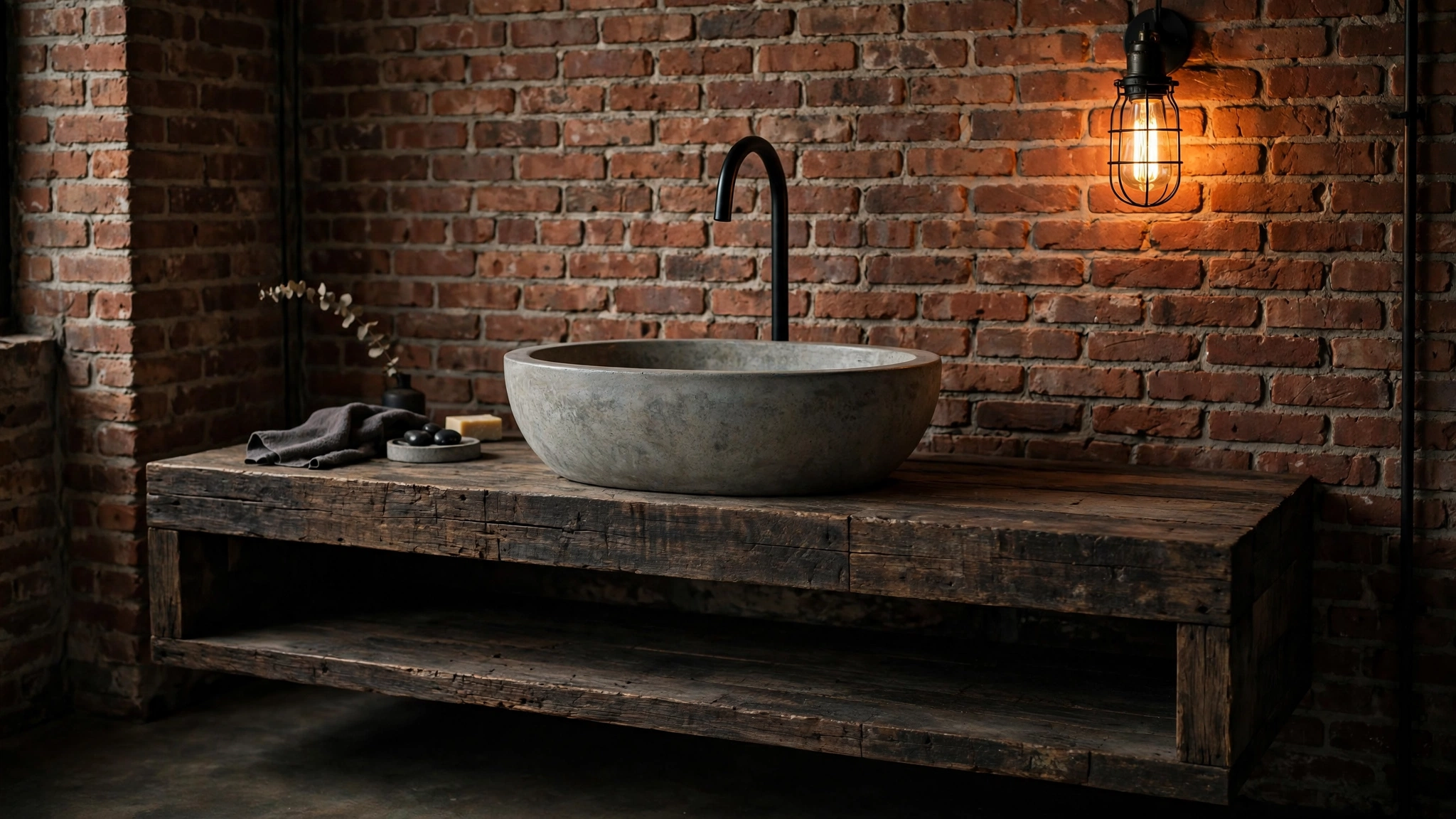 Cast concrete vessel sink on a reclaimed wood floating vanity with black faucet and brick wall