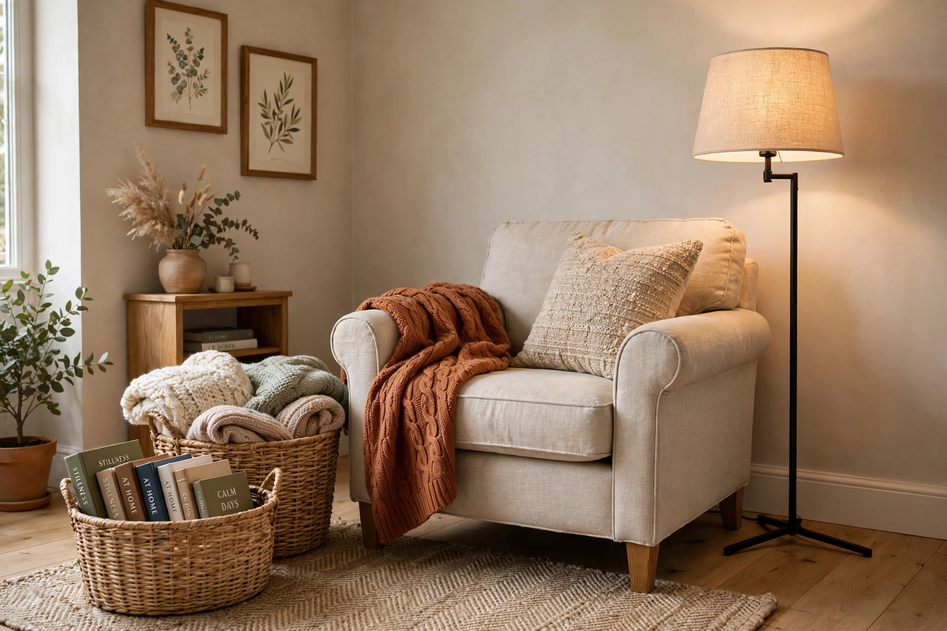 Reading nook with an armchair lamp and baskets for books and throws