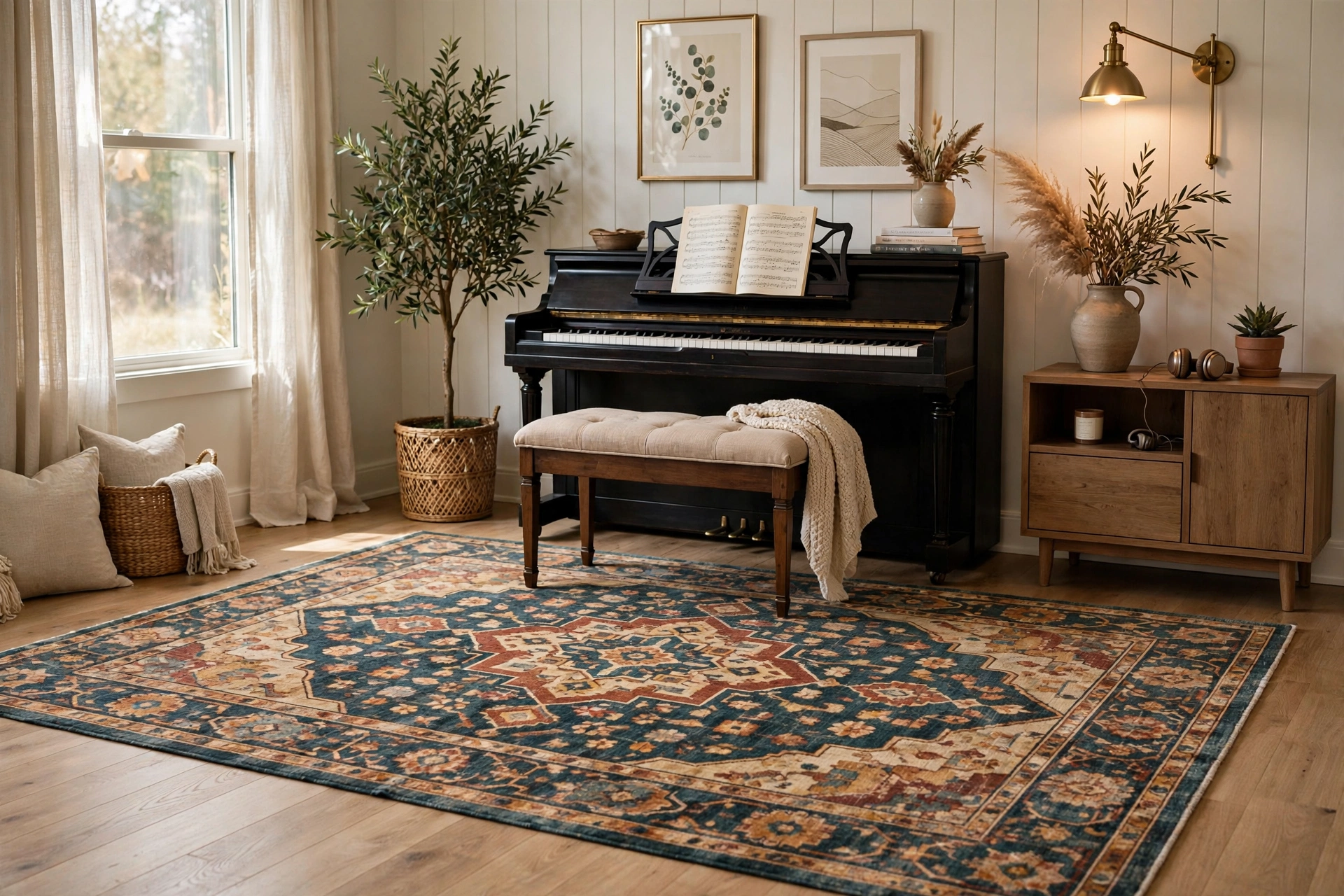 Large patterned rug defining a piano and bench music zone